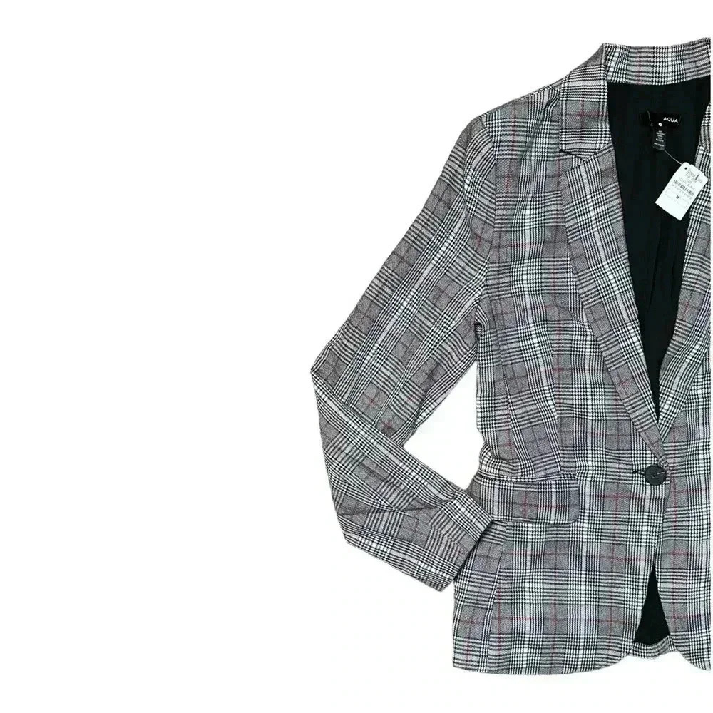 Aqua NWT Black Red Plaid Blazer Size Medium - Picture 2 of 5